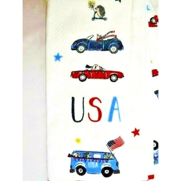 Envogue Patriotic Vintage Cars Hedgehog on Scooter 2 Kitchen Towels USA Flag - Picture 2 of 4